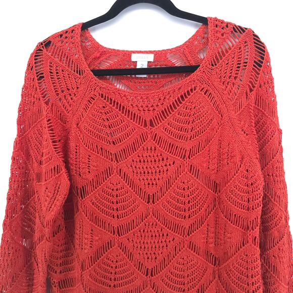 CHICOS Boho Orange Open Lace Knit Art Deco Sweater Cropped Sleeves 2 (12/14) - Picture 2 of 13